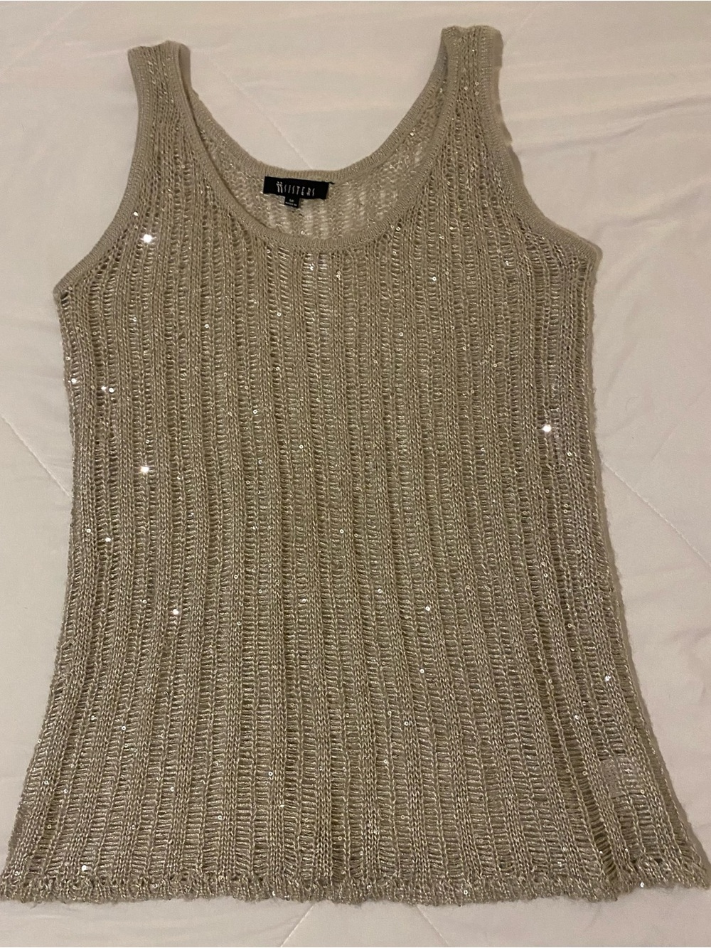 SISTERS Metallic Silver Sequin Open Knit Tank Top Medium